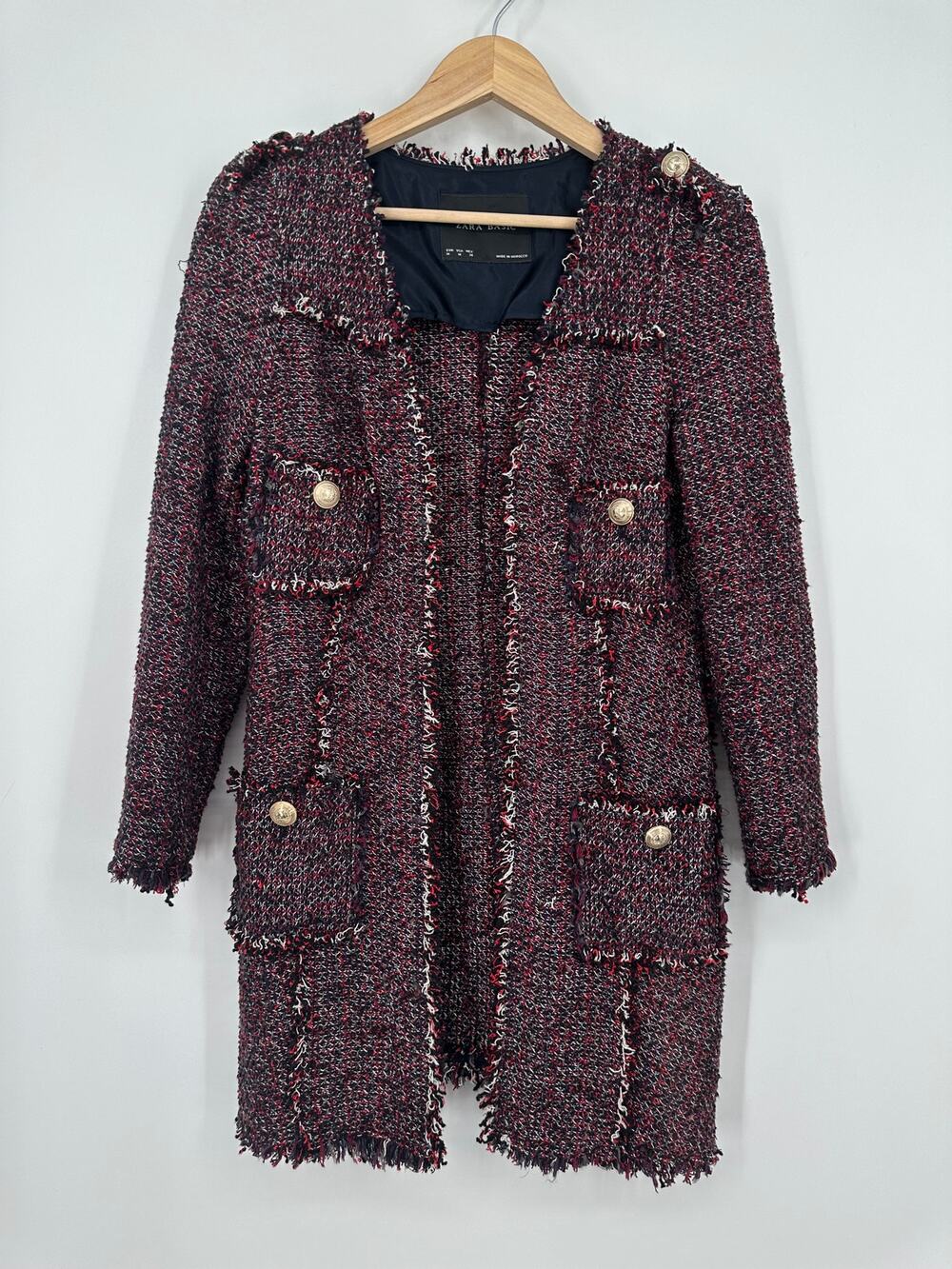 ZARA Long Tweed Jacket Open Front Fringe Trim Military Style Coat Blogger Fav